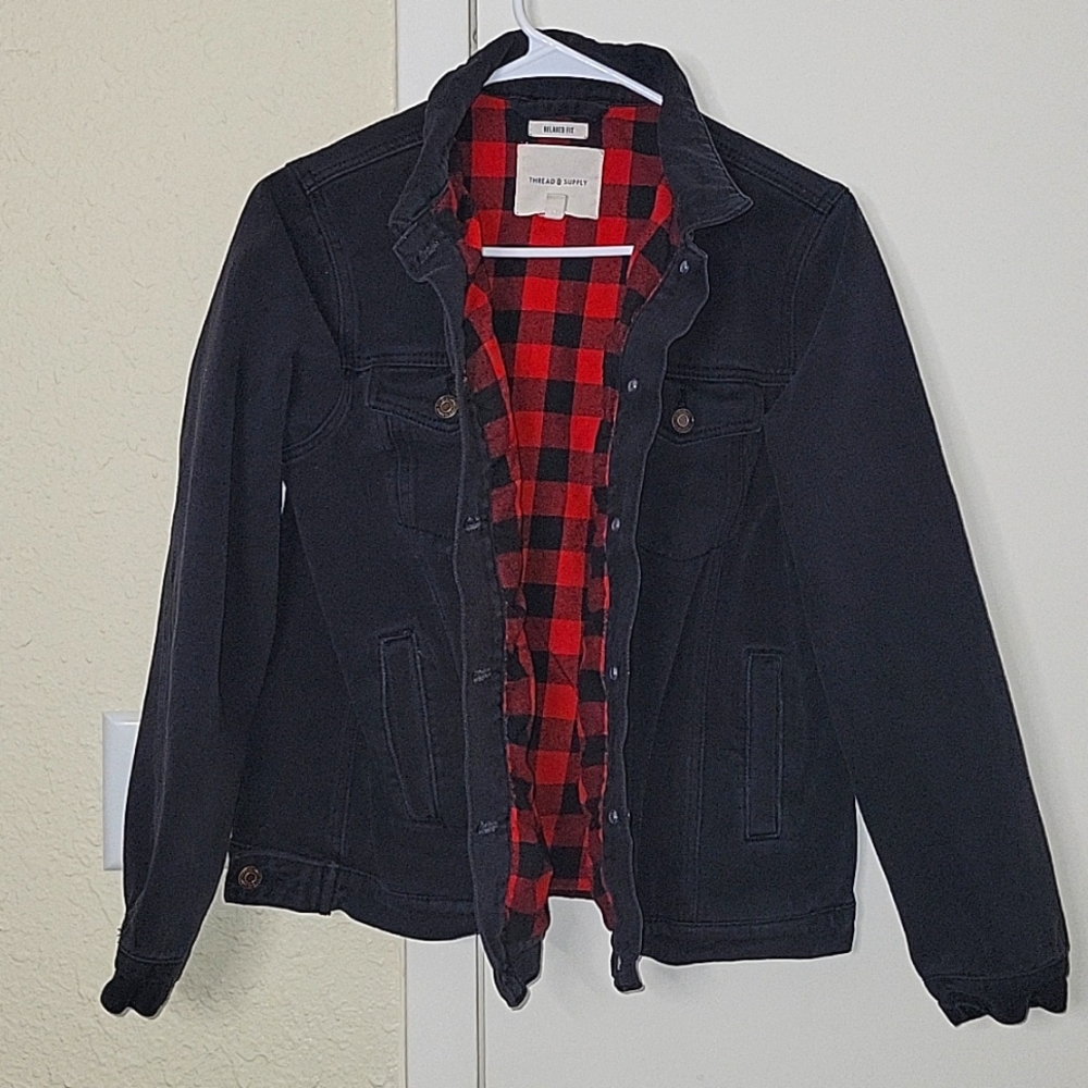 Thread & Supply Red plaid Black Jean jacket. Size M. Only worn once